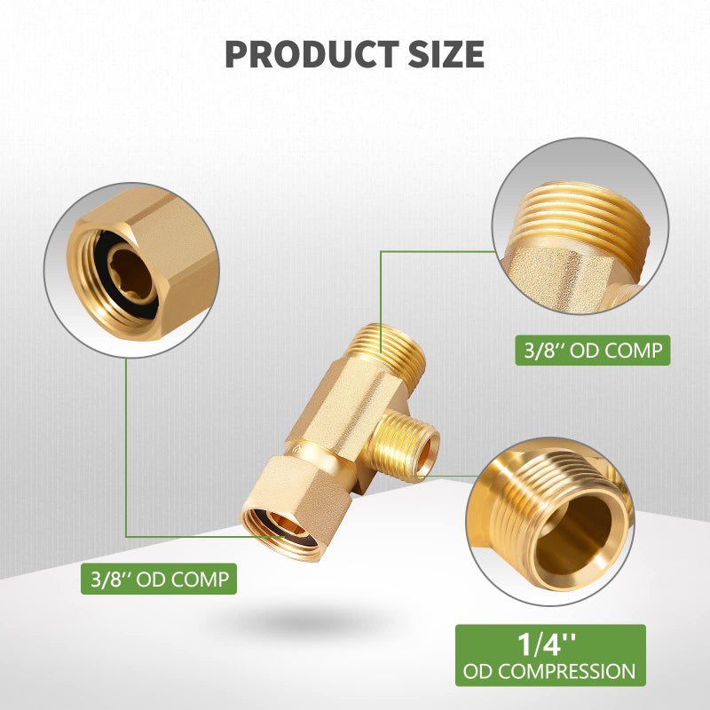 Litorange Brass Angle Stop Add-A-Tee Valve - 3/8" Compression Inlet by 3/8" & 1/4" OD Compression Outlets - Image 2